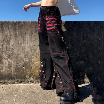 2024 Early Spring New Women's Wear Loose Color Striped Mesh Stitching Dark Chain Ribbon Woven Trousers